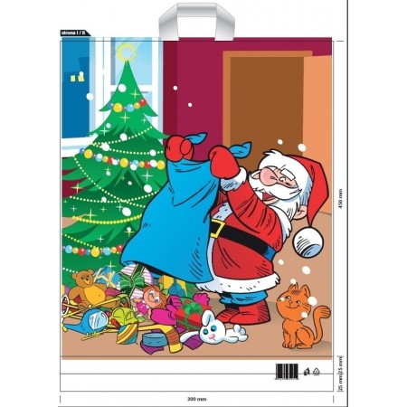 Reklamówki świąteczne, torba z uchem MIKOŁAJ Z PREZENTAMI + CHOINKA 39x45cm - 35my op. 50sztuk DO WYCZERPANIA ZAPASÓW